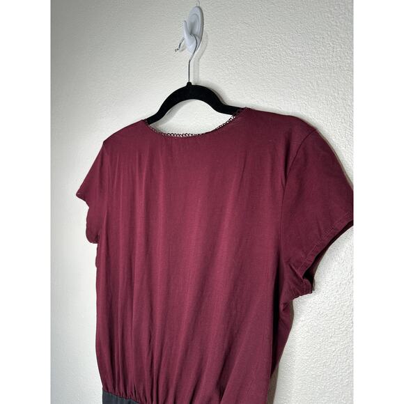 Sezane Burgundy & Black Thibault Bodysuit Crossover Neckline Short Sleeve - Picture 6 of 13